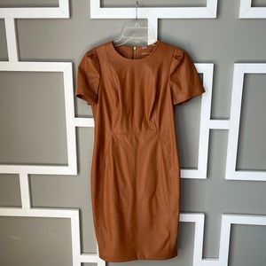 Size 6 Calvin Klein caramel faux leather dress with sleeves
